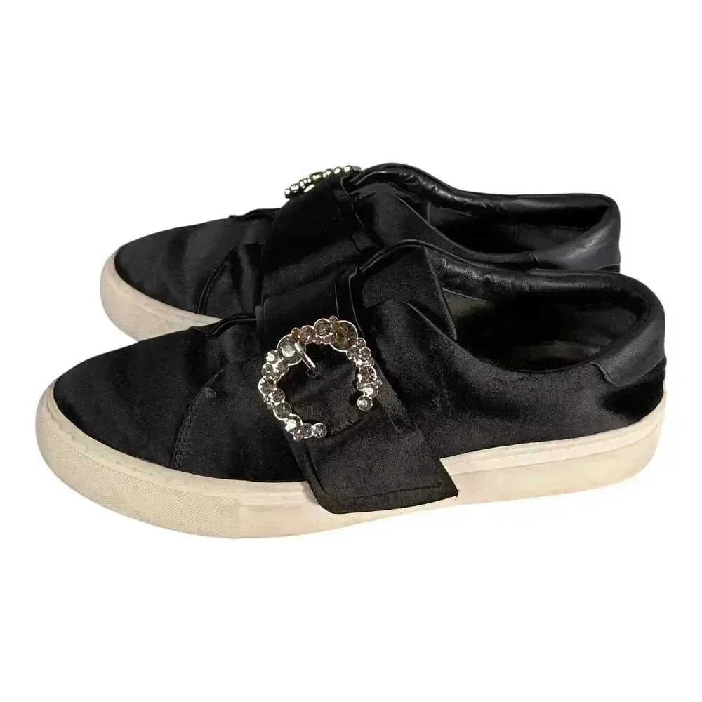 Tory Burch Greer Fashion Sneaker Rhinestone Buckle Satin Leather Black Women's 7
